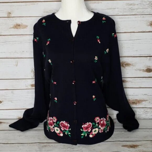 Pendleton Vintage Navy Blue Cottagecore Cardigan With Pink Embroidered Flowers - Picture 3 of 7